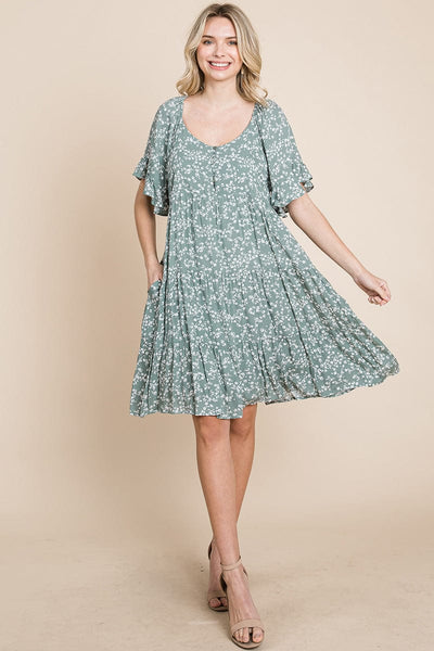 Tiered Floral Printed Flutter Short Sleeve Dress