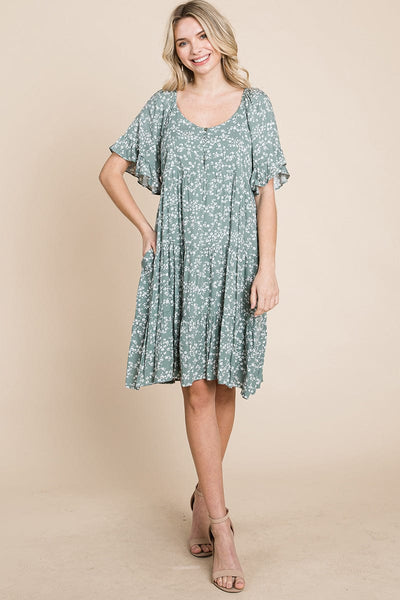 Tiered Floral Printed Flutter Short Sleeve Dress