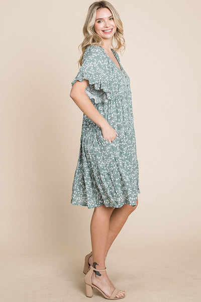 Tiered Floral Printed Flutter Short Sleeve Dress