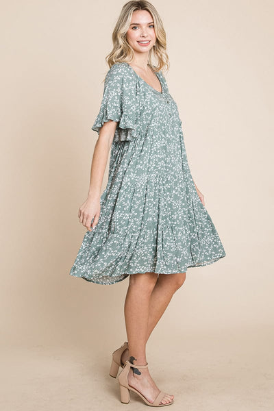 Tiered Floral Printed Flutter Short Sleeve Dress