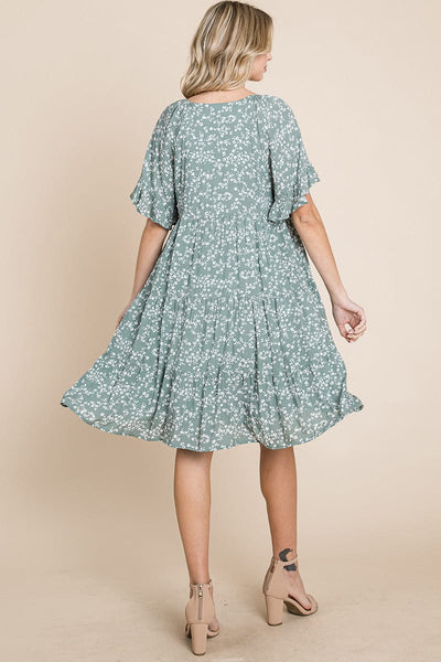 Tiered Floral Printed Flutter Short Sleeve Dress