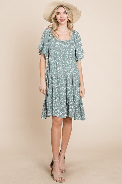 Tiered Floral Printed Flutter Short Sleeve Dress