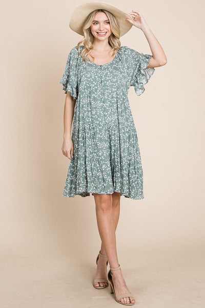 Tiered Floral Printed Flutter Short Sleeve Dress