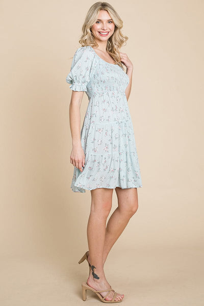 Smocked Floral Puff Short Sleeve Tiered Dress