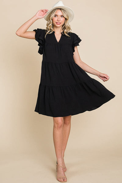 Tiered V Neck Ruffle Sleeve Dress- Plus Size Available