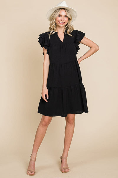 Tiered V Neck Ruffle Sleeve Dress- Plus Size Available