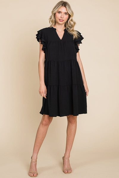 Tiered V Neck Ruffle Sleeve Dress- Plus Size Available