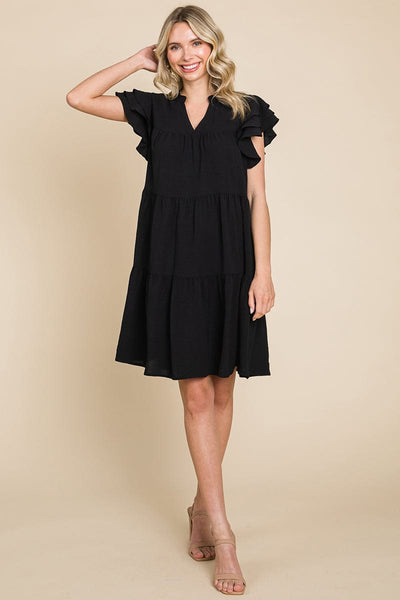 Tiered V Neck Ruffle Sleeve Dress- Plus Size Available