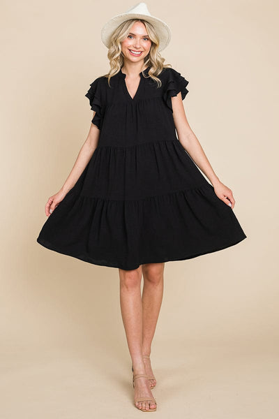 Tiered V Neck Ruffle Sleeve Dress- Plus Size Available