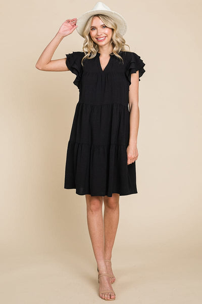 Tiered V Neck Ruffle Sleeve Dress- Plus Size Available