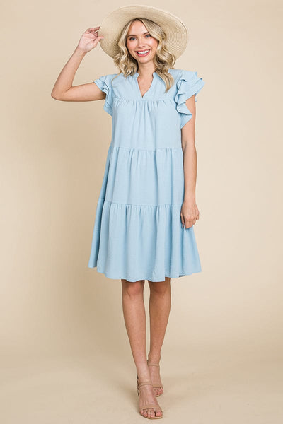 Tiered V Neck Ruffle Sleeve Dress- Plus Size Available