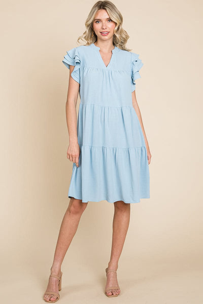 Tiered V Neck Ruffle Sleeve Dress- Plus Size Available