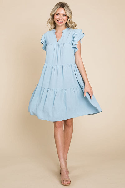 Tiered V Neck Ruffle Sleeve Dress- Plus Size Available