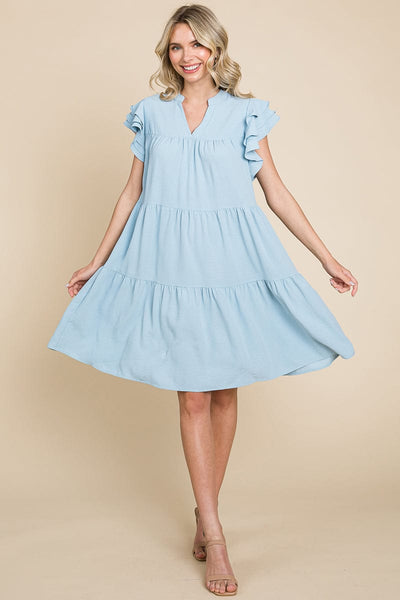 Tiered V Neck Ruffle Sleeve Dress- Plus Size Available