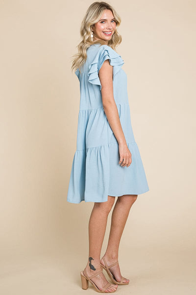 Tiered V Neck Ruffle Sleeve Dress- Plus Size Available