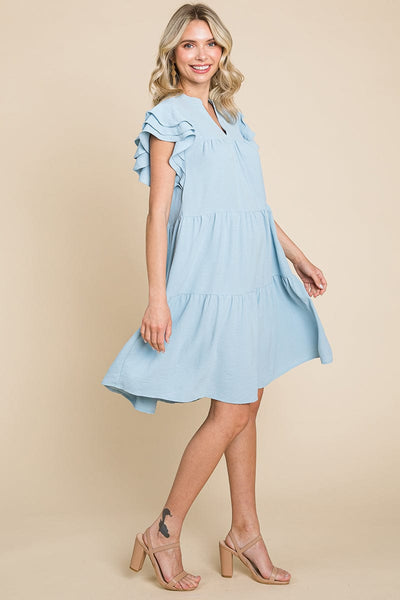 Tiered V Neck Ruffle Sleeve Dress- Plus Size Available