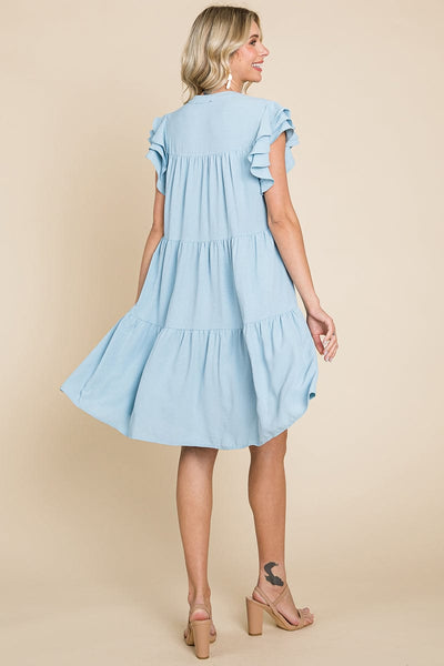 Tiered V Neck Ruffle Sleeve Dress- Plus Size Available