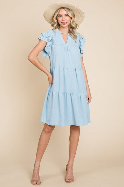 Tiered V Neck Ruffle Sleeve Dress- Plus Size Available