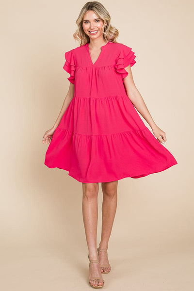 Tiered V Neck Ruffle Sleeve Dress- Plus Size Available