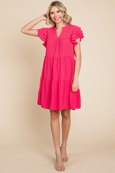 Tiered V Neck Ruffle Sleeve Dress- Plus Size Available