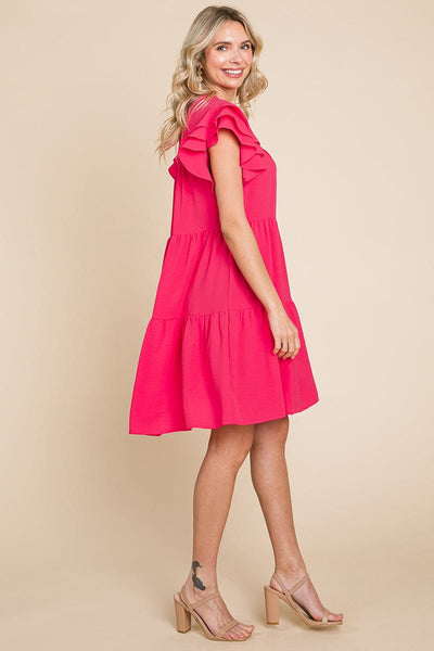 Tiered V Neck Ruffle Sleeve Dress- Plus Size Available