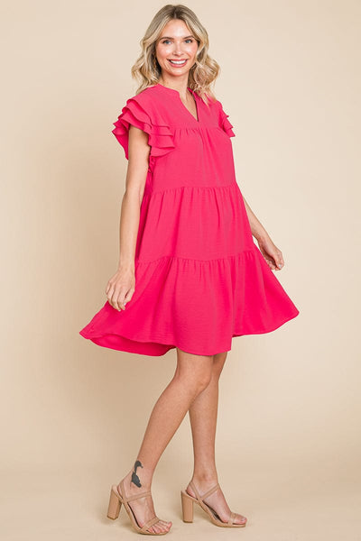 Tiered V Neck Ruffle Sleeve Dress- Plus Size Available