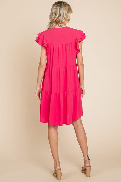 Tiered V Neck Ruffle Sleeve Dress- Plus Size Available