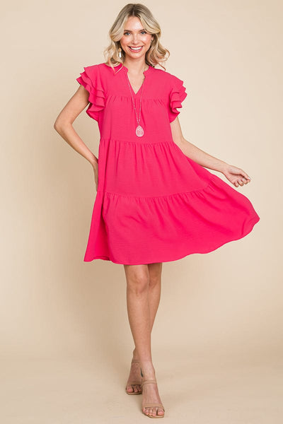 Tiered V Neck Ruffle Sleeve Dress- Plus Size Available