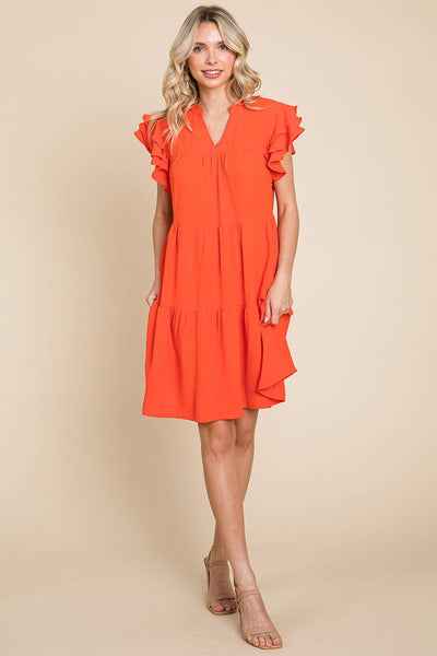 Tiered V Neck Ruffle Sleeve Dress- Plus Size Available