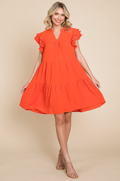 Tiered V Neck Ruffle Sleeve Dress- Plus Size Available