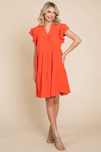 Tiered V Neck Ruffle Sleeve Dress- Plus Size Available