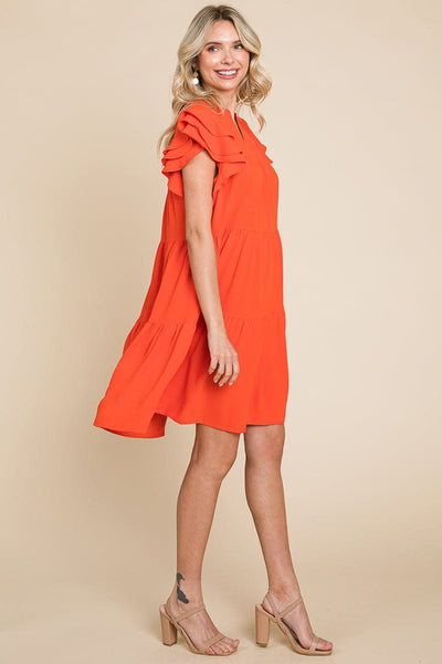 Tiered V Neck Ruffle Sleeve Dress- Plus Size Available