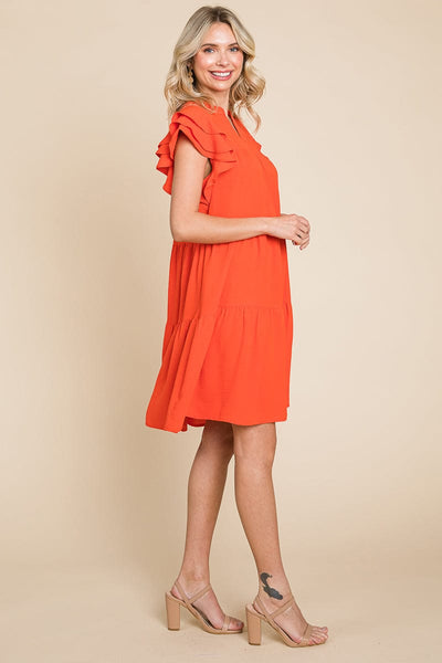 Tiered V Neck Ruffle Sleeve Dress- Plus Size Available