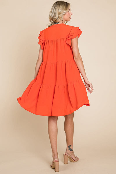 Tiered V Neck Ruffle Sleeve Dress- Plus Size Available