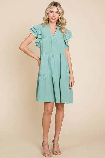 Tiered V Neck Ruffle Sleeve Dress- Plus Size Available