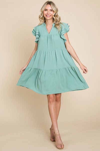 Tiered V Neck Ruffle Sleeve Dress- Plus Size Available