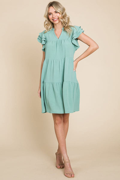 Tiered V Neck Ruffle Sleeve Dress- Plus Size Available