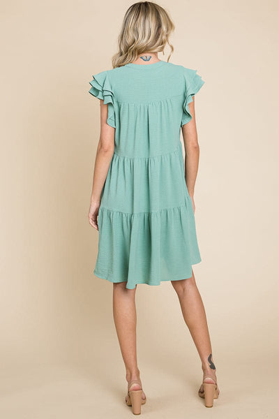 Tiered V Neck Ruffle Sleeve Dress- Plus Size Available