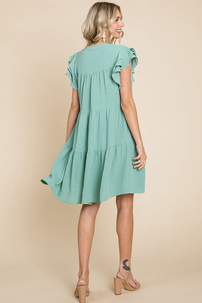 Tiered V Neck Ruffle Sleeve Dress- Plus Size Available