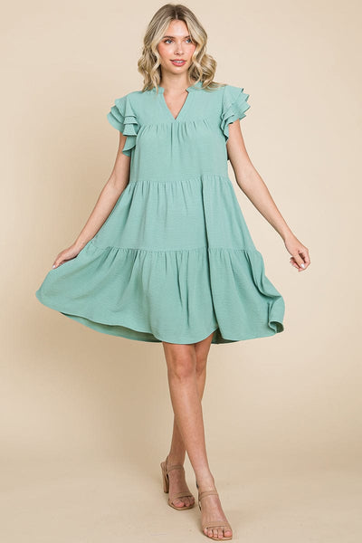 Tiered V Neck Ruffle Sleeve Dress- Plus Size Available