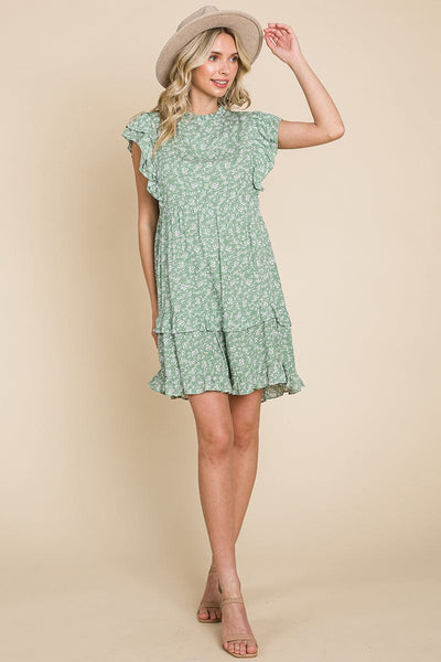 Floral Printed Ruffled Sleeve Pleated Dress