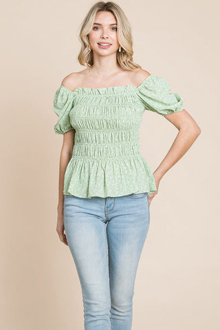 Ruched Floral Off the shoulder Smocked Blouse