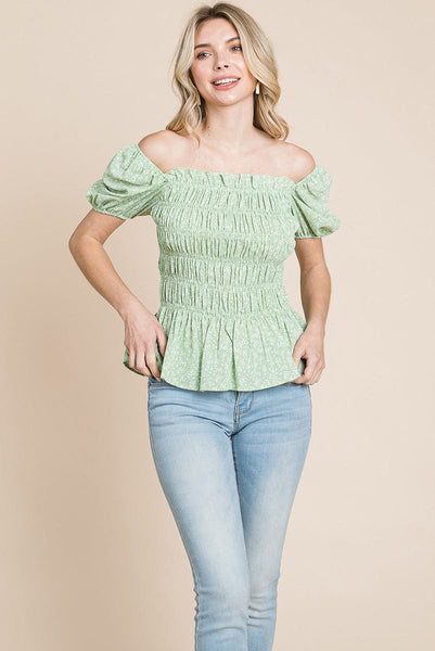 Ruched Floral Off the shoulder Smocked Blouse