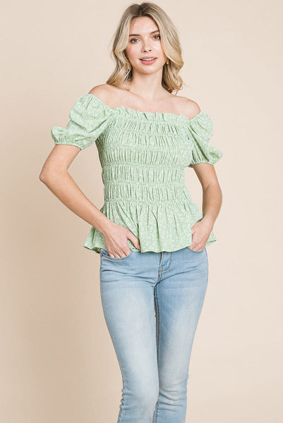 Ruched Floral Off the shoulder Smocked Blouse