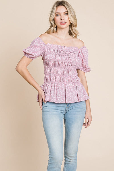 Ruched Floral Off the shoulder Smocked Blouse