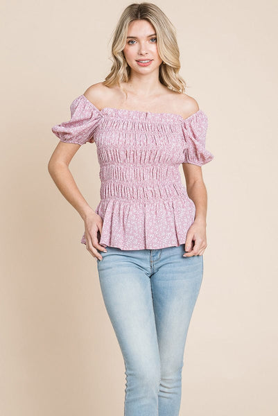 Ruched Floral Off the shoulder Smocked Blouse