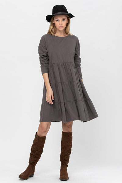 Long Sleeve 3 Tiered Casual Flared Cotton Mini Dress