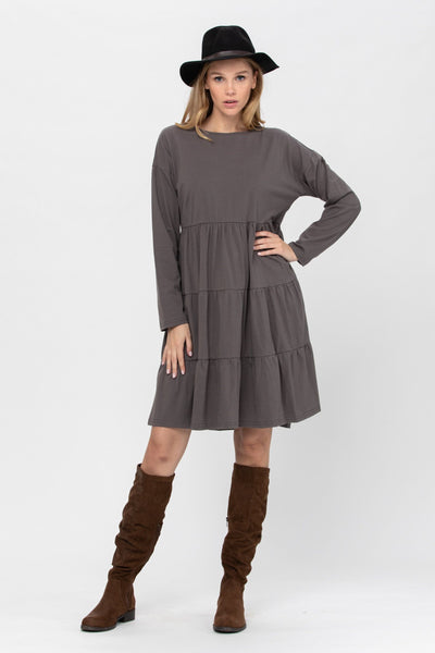 Long Sleeve 3 Tiered Casual Flared Cotton Mini Dress