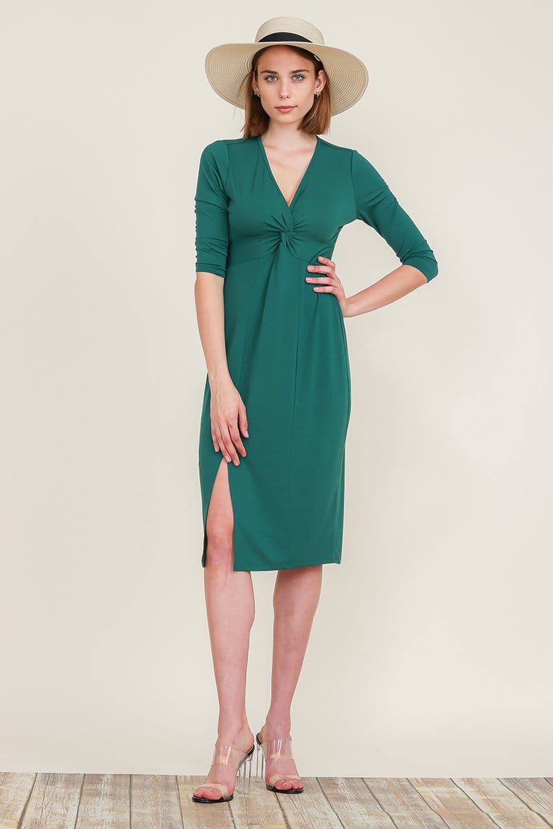 Twist Front Split Midi Dress 3/4 Sleeve V Neck