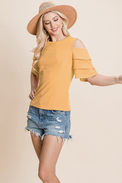 Multi Layered Flutter Short Sleeve Cold Shoulder Tops T Shirt Blouse